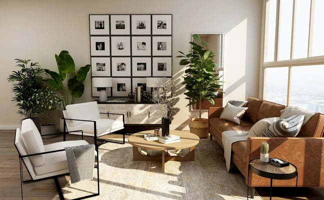 Bright, plant-filled living room with natural light